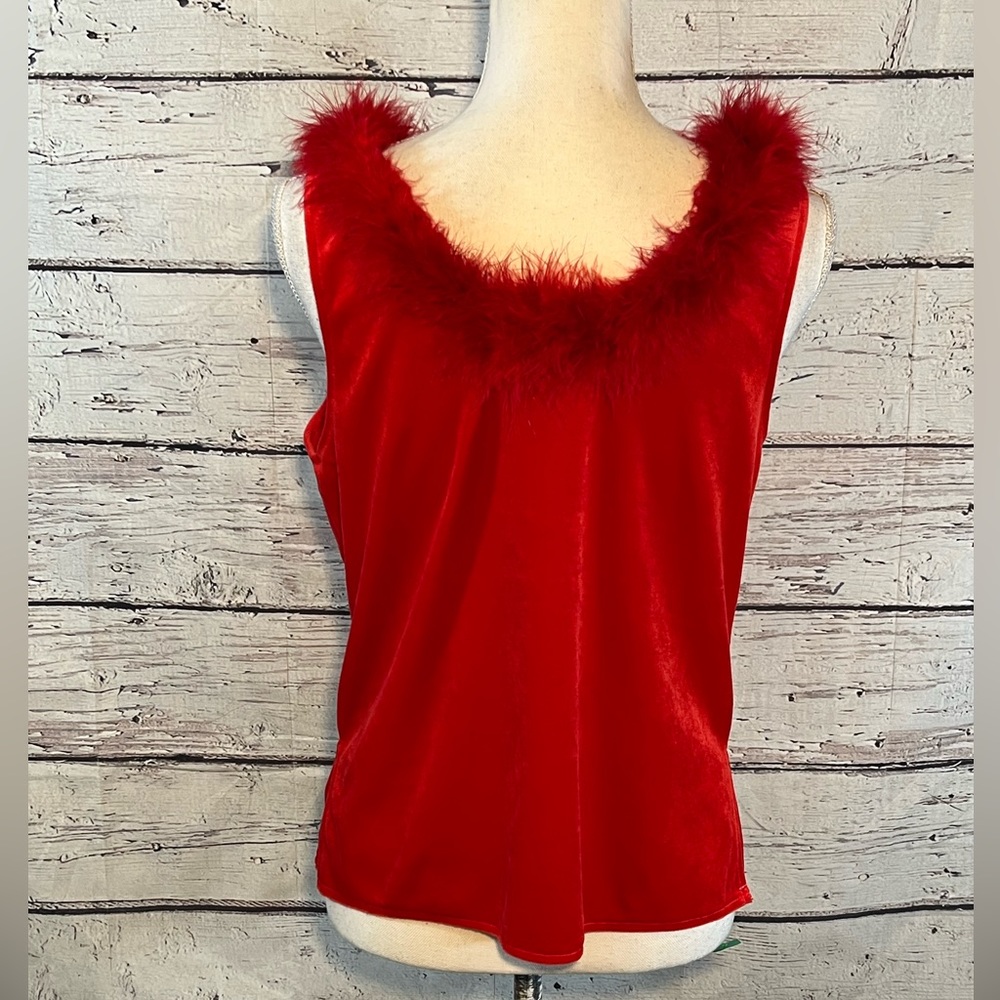CINEMA ETOILE Women's Vintage 90's/Y2K Velvety Red Tank Top Feather Neck-M - Picture 2 of 2